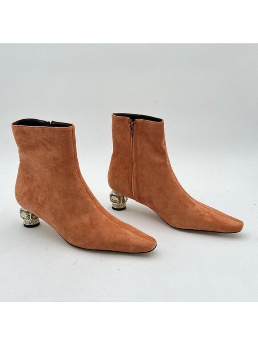FSJ Khaki Suede Round Toe Crystal Block Low Heel Side Zipper Ankle Boots